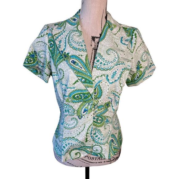 La Belle Paisley Jacket Short Sleeve Green Casual Button Front Colorful Size L - Picture 1 of 7